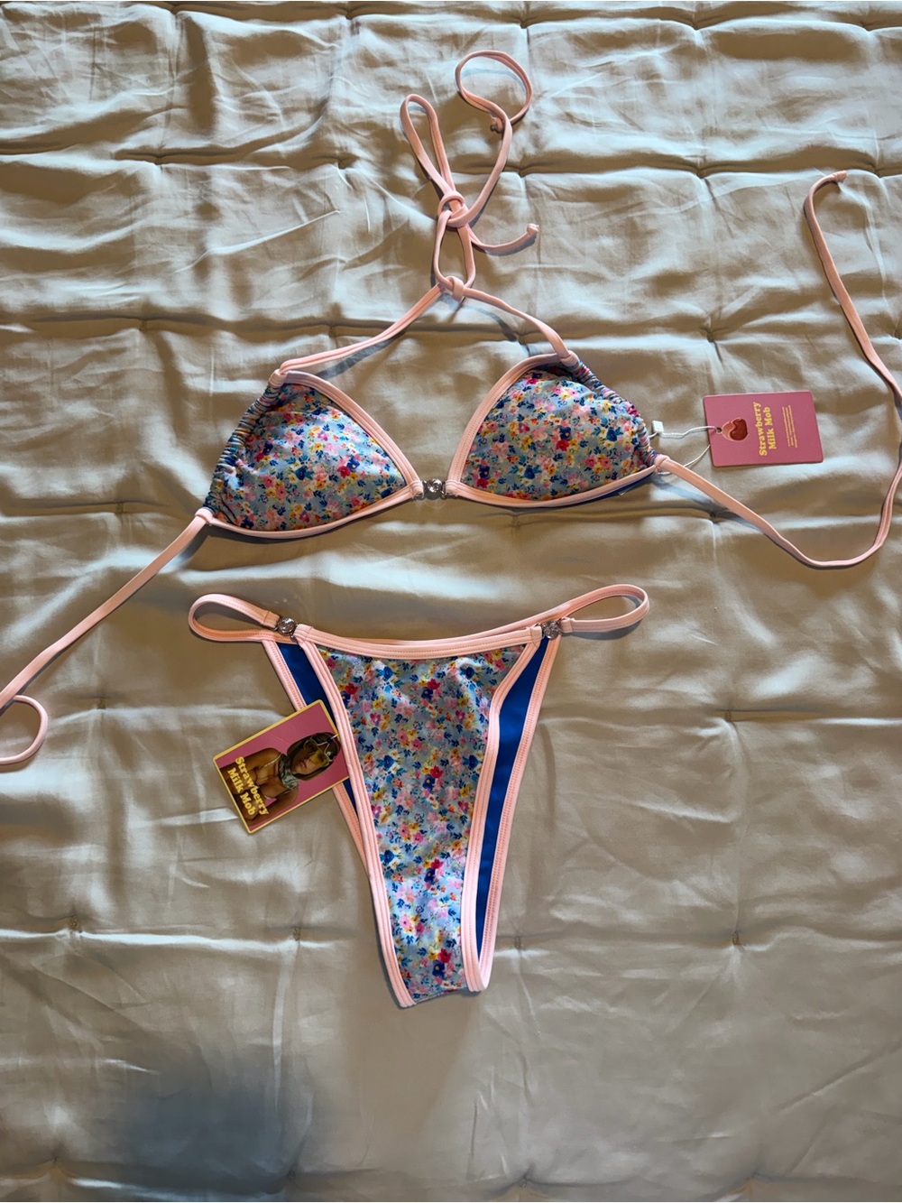 NWT — Strawberry Milk Mob Floral Print Bikini with Pink Trim and Blue Panels